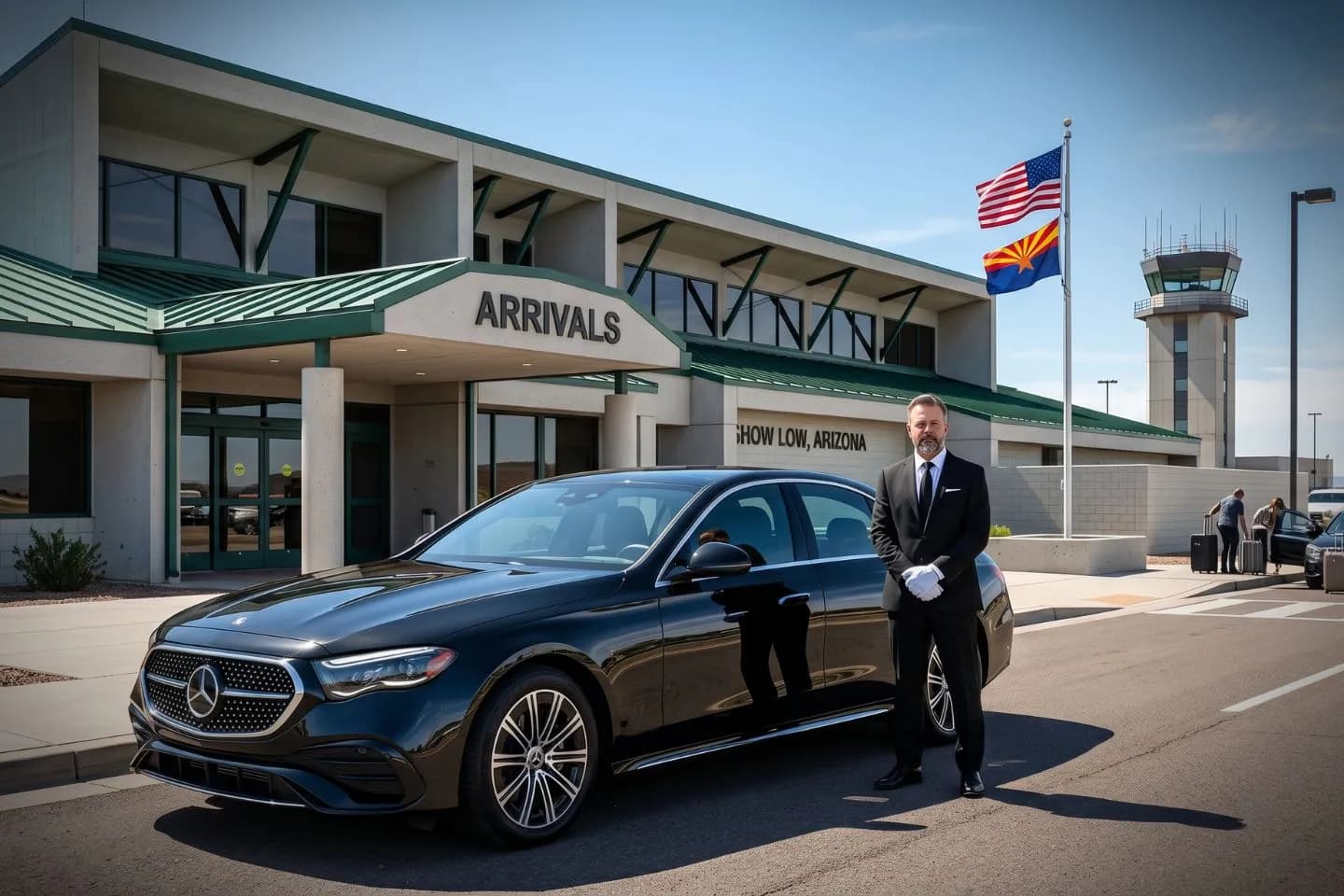 Show Low Regional Airport (SOW) Airport Car Service Union Limousine chauffeur greeting Sunrise Park Resort skier at SOW Show Low Regional airport FBO