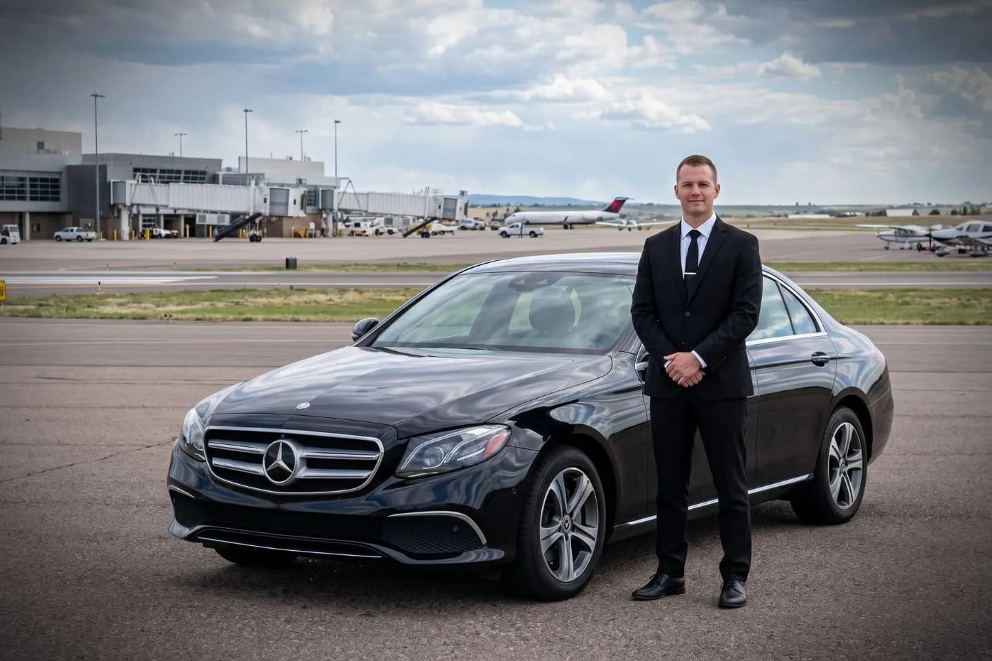 Show Low Regional Airport (SOW) Airport Car Service Luxury black Mercedes Benz S Class at Show Low Regional Airport SOW terminal curbside in Arizona White Mountains