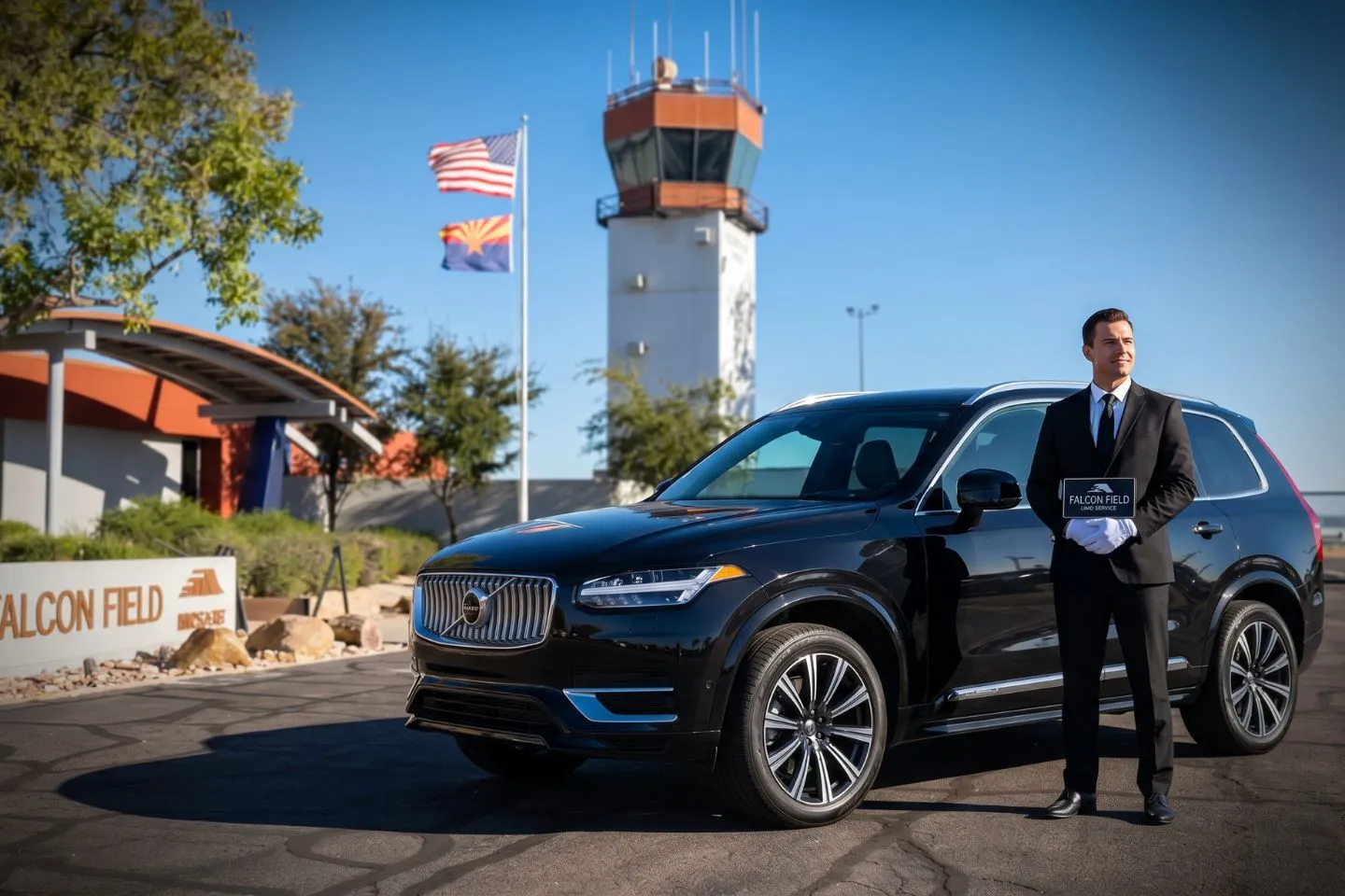Falcon Field (FFZ) Airport Car Service Union Limousine chauffeur greeting Boeing Mesa Apache helicopter executive at FFZ Falcon Field airport FBO