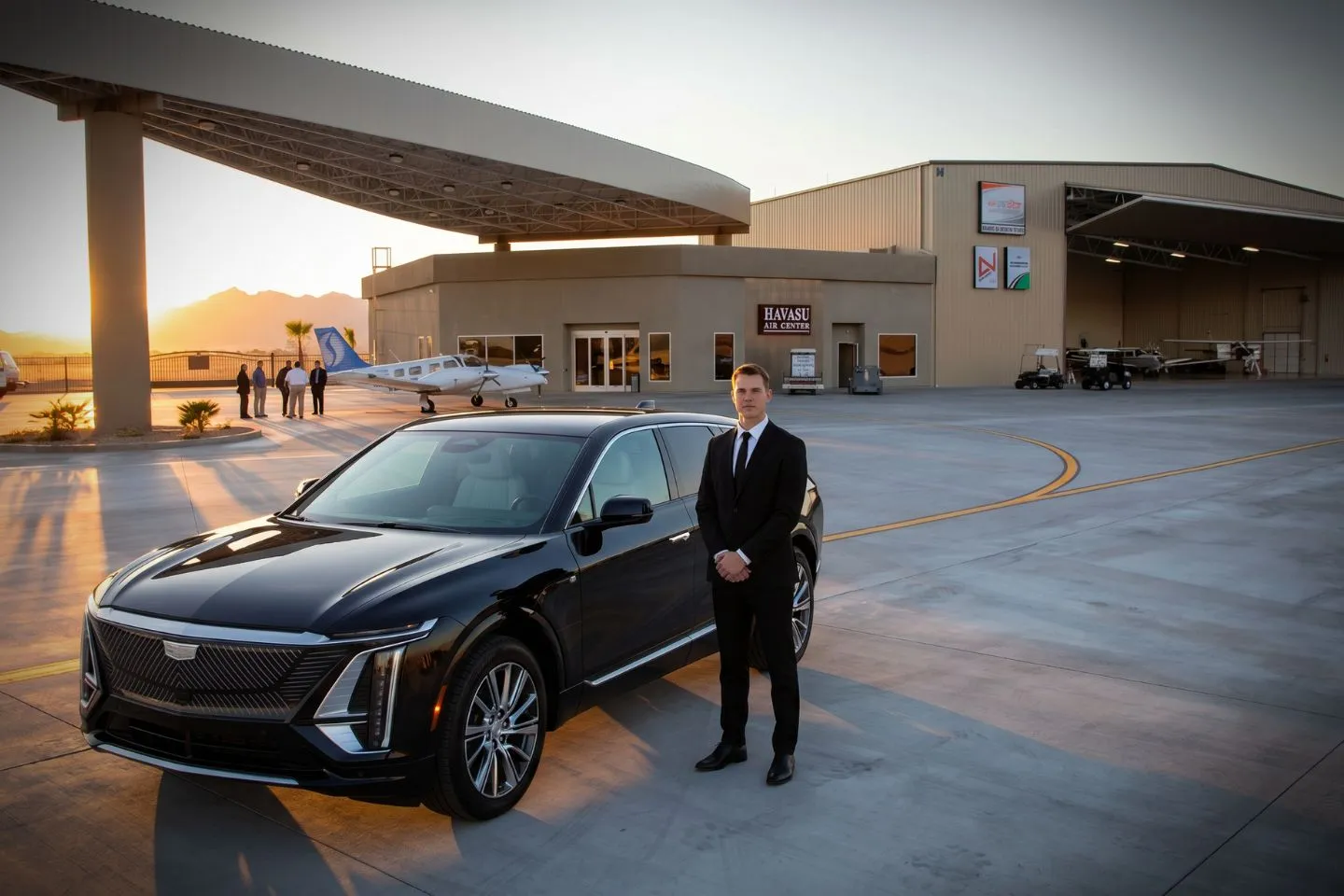 Lake Havasu City (HII) Airport Car Service Black Cadillac Escalade chauffeured car at Lake Havasu City airport for ride to Parker Strip and Colorado River boat charters