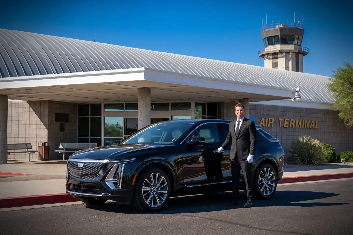 Lake Havasu City (HII) Airport Car Service Luxury black Mercedes Benz S Class at Lake Havasu City Airport HII terminal curbside in Arizona