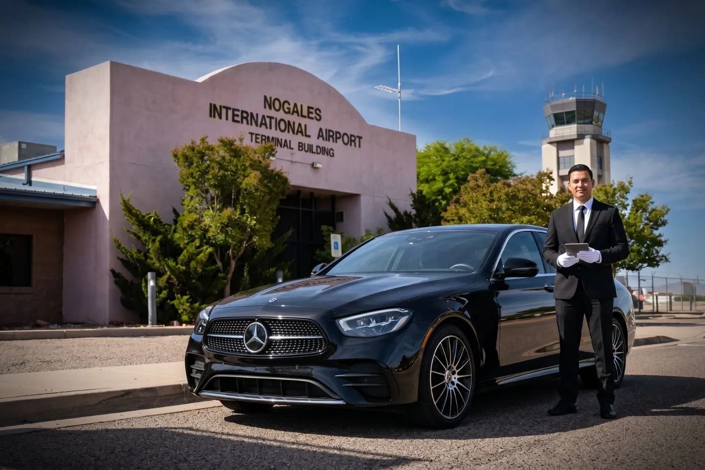Nogales International (OLS) Airport Car Service Luxury black Mercedes Benz S Class at Nogales International Airport OLS terminal curbside in Arizona