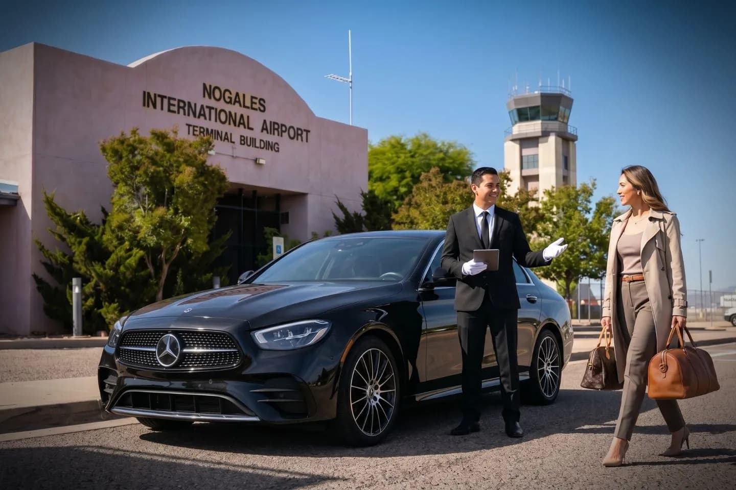 Nogales International (OLS) Airport Car Service Union Limousine chauffeur greeting Mexico border crossing guest at OLS Nogales International airport FBO