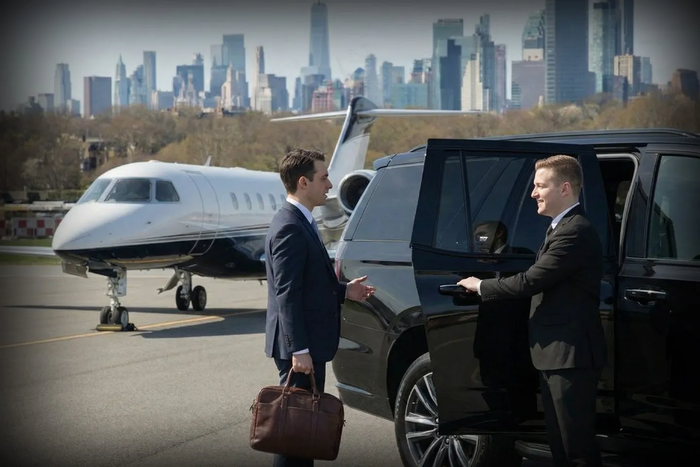New York East 34th Street Heliport (TSS) Airport Car Service Black luxury sedan parked at East 34th Street Heliport curbside in Manhattan New York