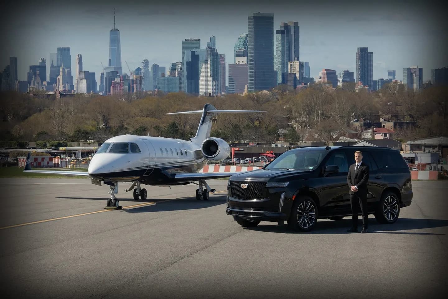 New York East 34th Street Heliport (TSS) Airport Car Service Union Limousine fleet vehicle at East 34th Street Heliport curbside in New York City