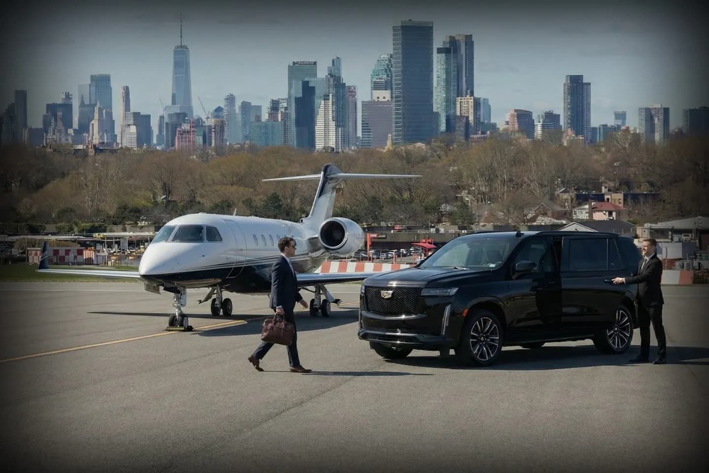 New York East 34th Street Heliport (TSS) Airport Car Service Professional chauffeur greeting passenger at TSS helipad arrivals area in Manhattan