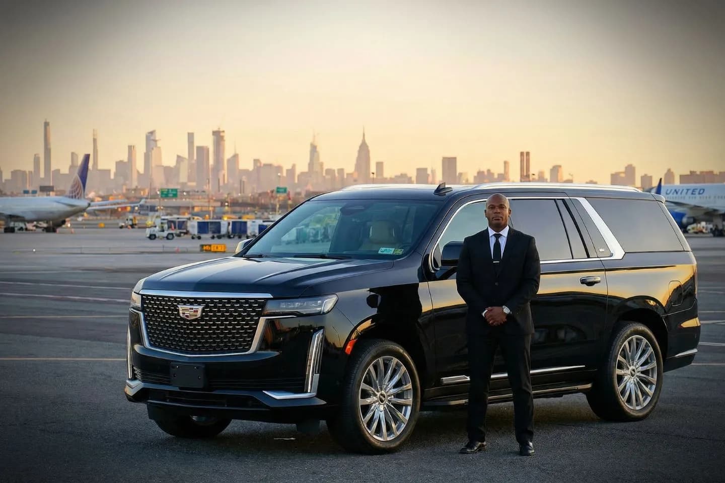 Linden Airport (LDJ) Airport Car Service Black Cadillac Escalade chauffeured car at Linden Airport for ride to Trinitas Regional Medical Center and Union County NJ