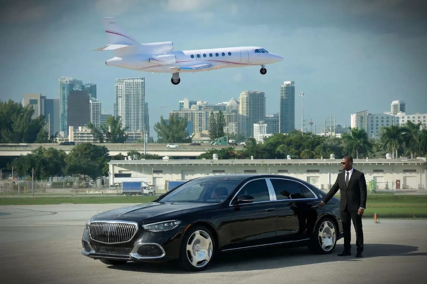 Palm Beach County Park/Lantana (LNA) Airport Car Service Black luxury sedan parked at Palm Beach County Park Lantana Airport FBO entrance in Florida