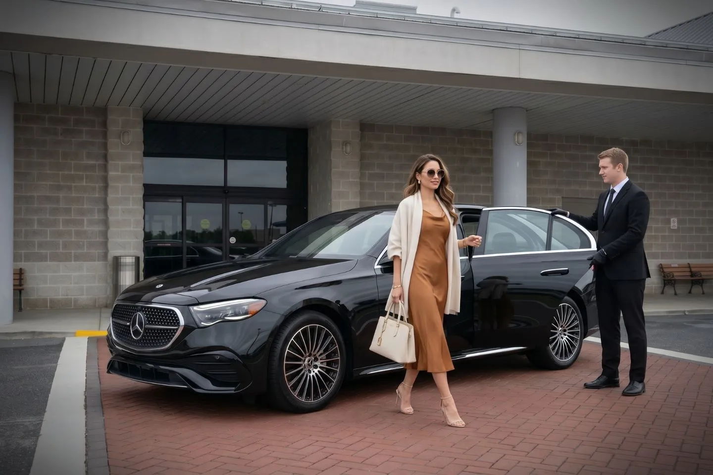 Salisbury Regional (SBY) Airport Car Service Black sedan executive car offering premium ride service at Salisbury Regional (SBY) Airport curbside
