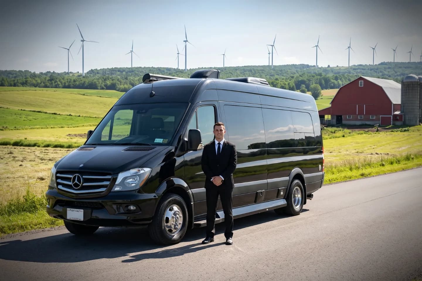 Lewis, NY Sprinter Van Rental A sleek black Mercedes Sprinter executive van rental parked on a scenic road in Lewis, NY.