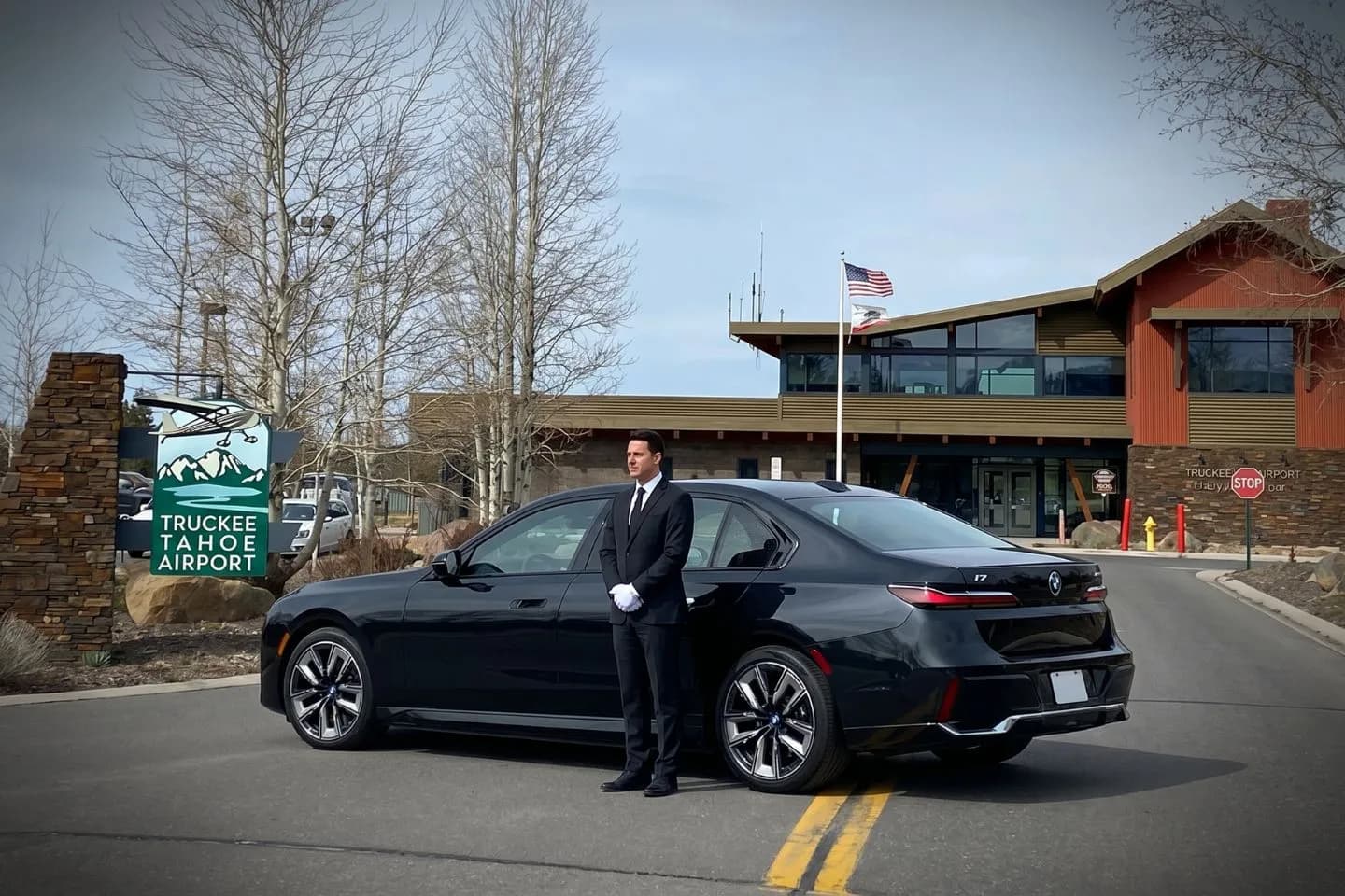 Truckee Tahoe (TKF) Airport Car Service Union Limousine chauffeur greeting Lake Tahoe North Shore skier at TKF Truckee Tahoe airport FBO