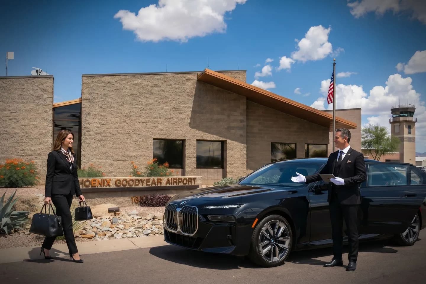 Phoenix Goodyear (GYR) Airport Car Service Union Limousine chauffeur greeting West Valley Phoenix corporate executive at GYR Phoenix Goodyear airport FBO