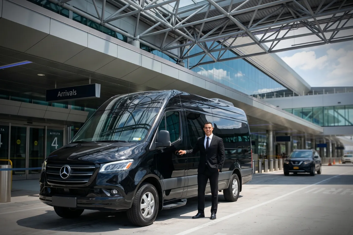 LaGuardia (LGA) Airport Sprinter Van Rental Black Sprinter van rental parked at LaGuardia Airport curbside pickup area