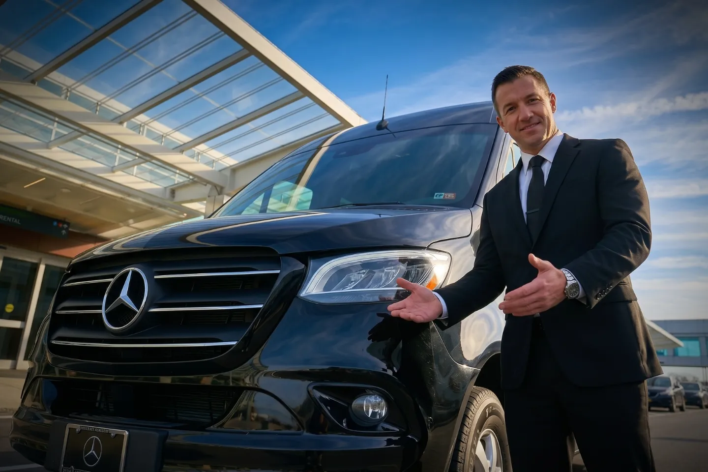 Syracuse Hancock International (SYR) Airport Sprinter Van Rental Chauffeur stowing luggage in a Sprinter van outside SYR terminal doors