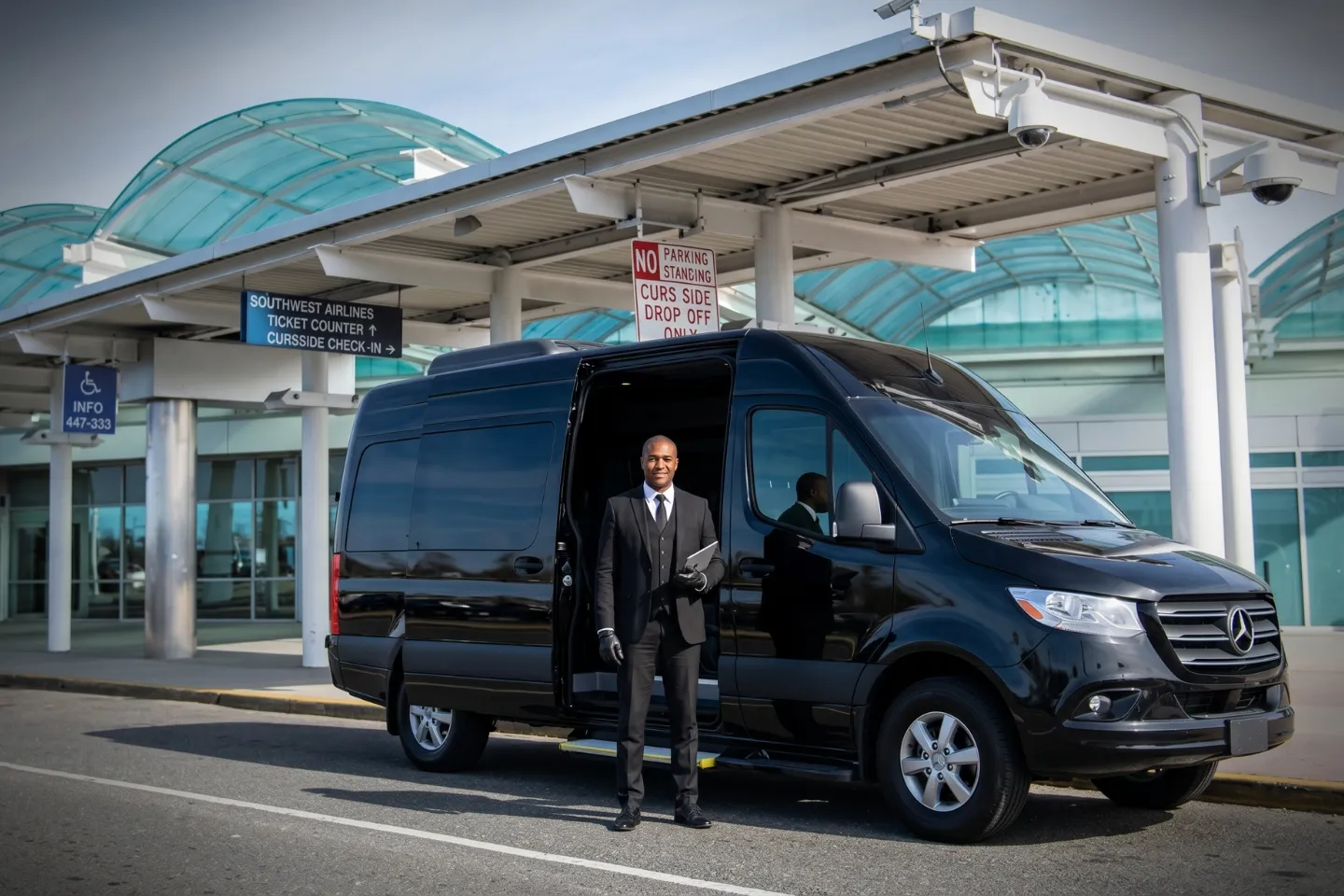 Long Island MacArthur (ISP) Airport Sprinter Van Rental Sprinter van rental parked at Long Island MacArthur Airport curbside