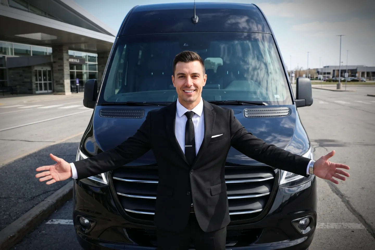 Niagara Falls International (IAG) Airport Sprinter Van Rental Chauffeur loading luggage into a Sprinter van at IAG curbside