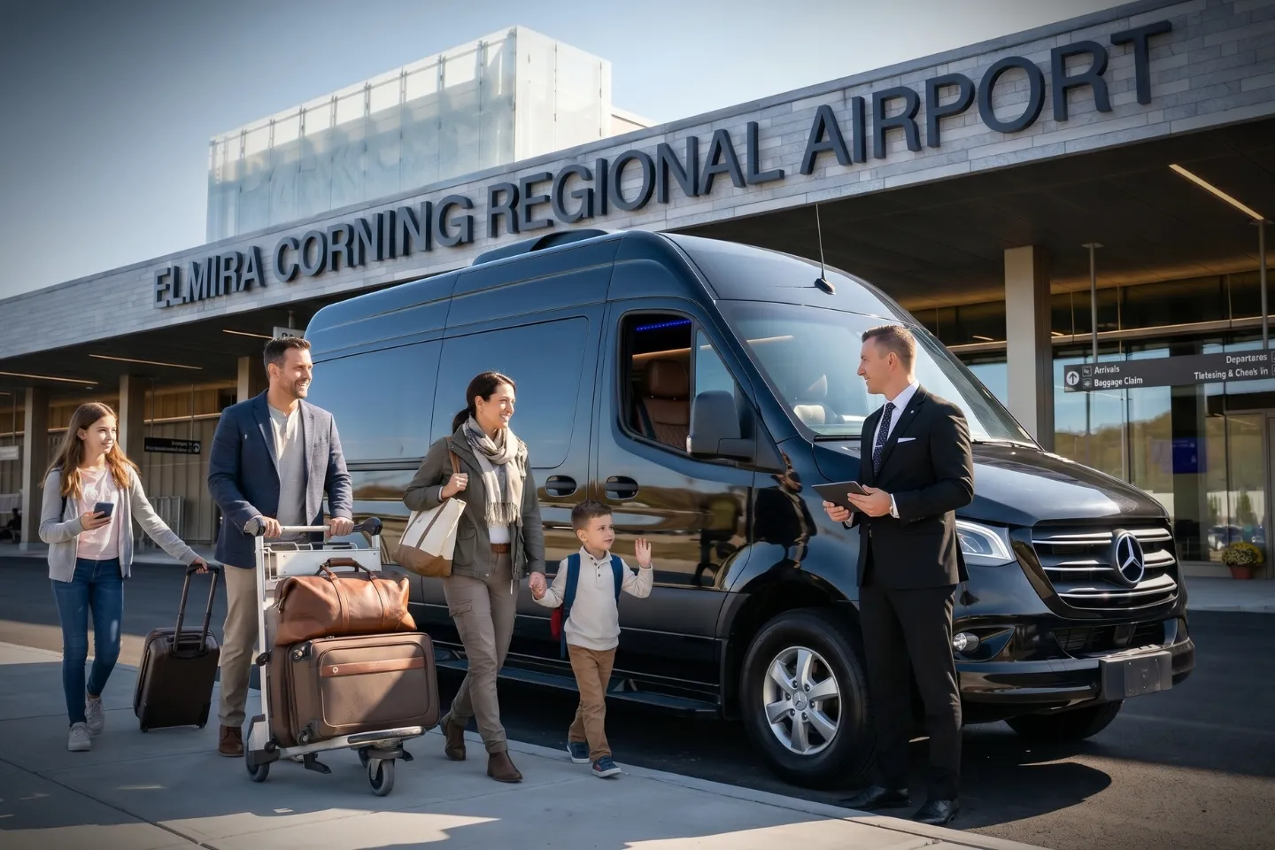 Elmira Corning Regional (ELM) Airport Sprinter Van Rental Travelers boarding a luxury Sprinter van near ELM arrivals doors