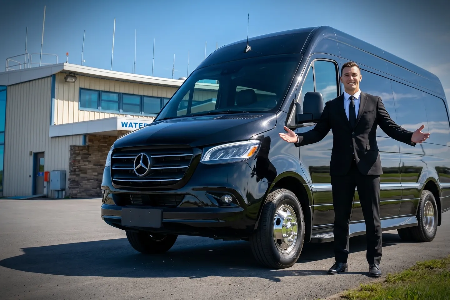 Watertown International (ART) Airport Sprinter Van Rental Chauffeur loading duffel bags into a Sprinter van outside the ART terminal