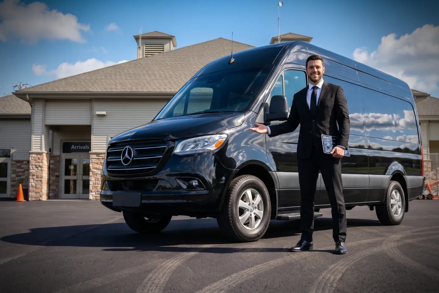 Massena International Richards Field (MSS) Airport Sprinter Van Rental Chauffeur loading bags into a black Sprinter van outside MSS
