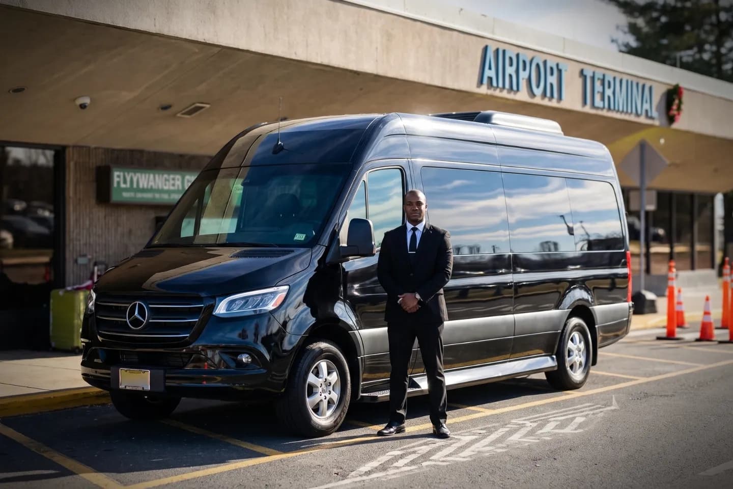 Trenton–Mercer (TTN) Airport Sprinter Van Rental Executive sedan parked outside Trenton Mercer Airport terminal on a sunny day