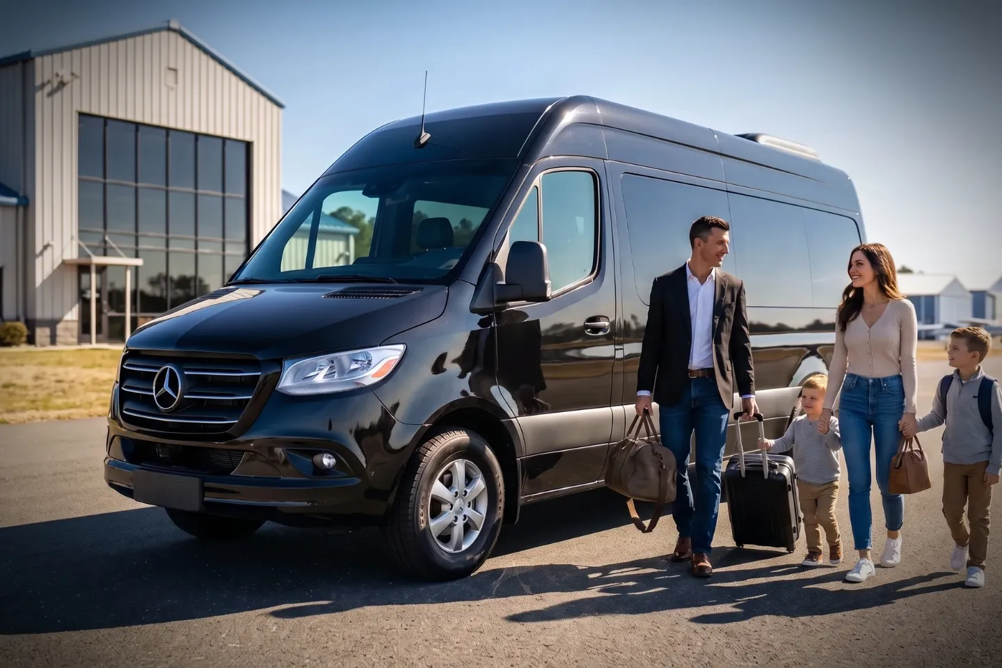 Ocean County (MJX) Airport Sprinter Van Rental Small propeller planes behind a chauffeured limousine at Ocean County Airport