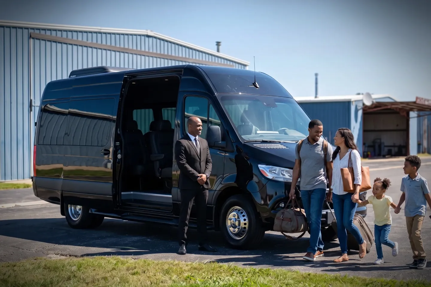 Somerset (SMQ) Airport Sprinter Van Rental Driver loading luggage into a black SUV at the Somerset Airport pickup area