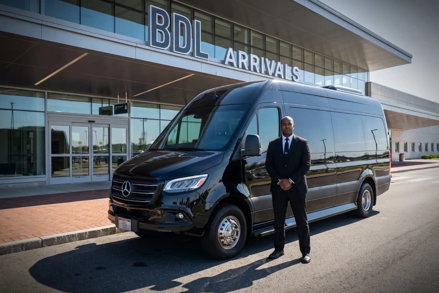 Bradley International (BDL) Airport Sprinter Van Rental Black stretch limousine parked outside the Bradley International Airport terminal entrance