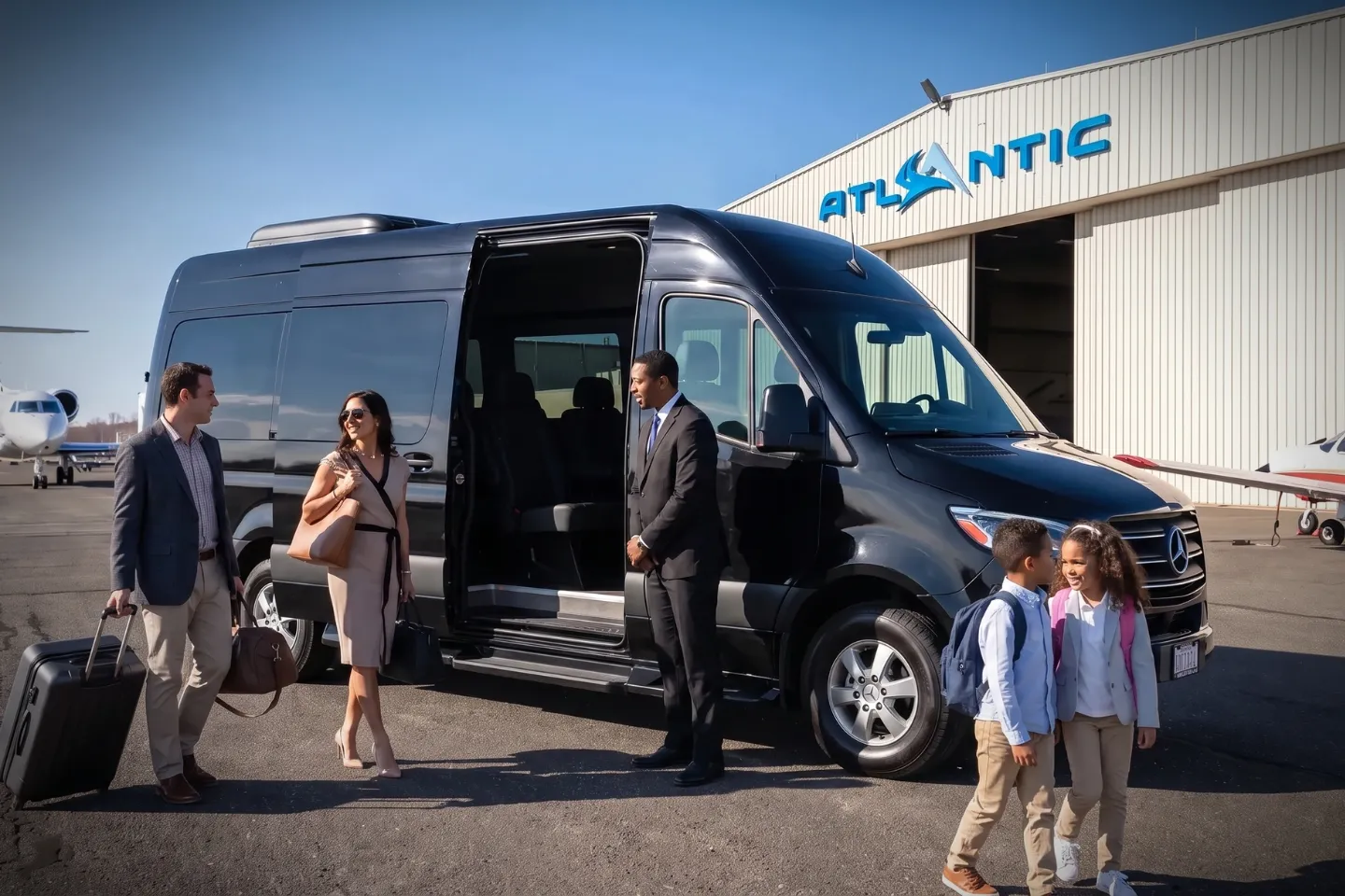 Waterbury Oxford (OXC) Airport Sprinter Van Rental Chauffeur waiting with an open door next to a sedan at OXC