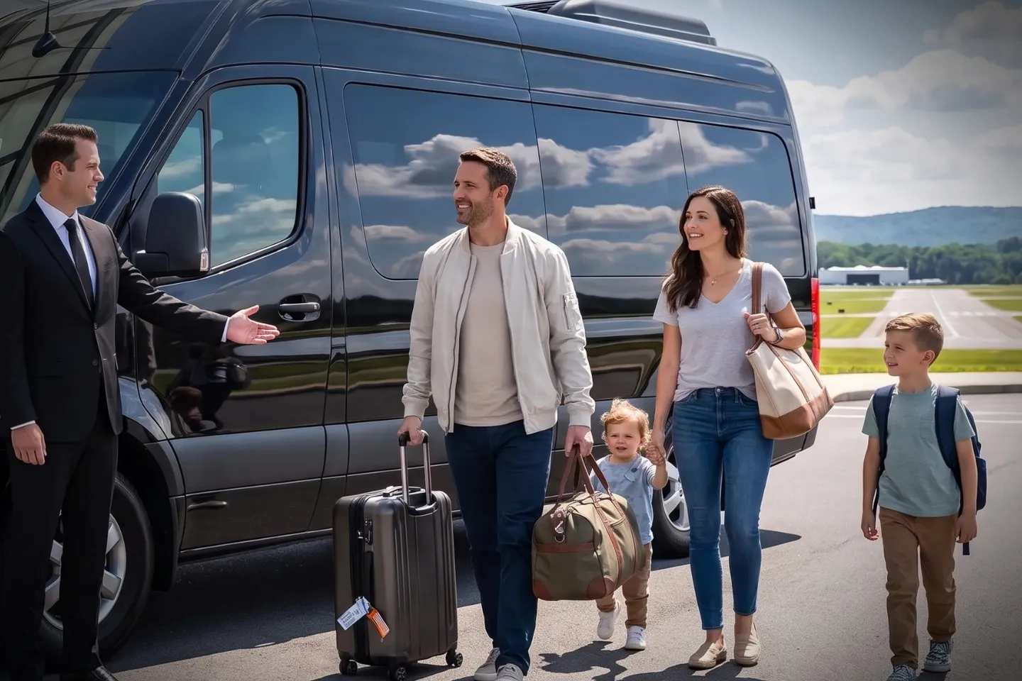 Danbury Municipal (DXR) Airport Sprinter Van Rental Driver opening the door of a black sedan for a DXR arrival