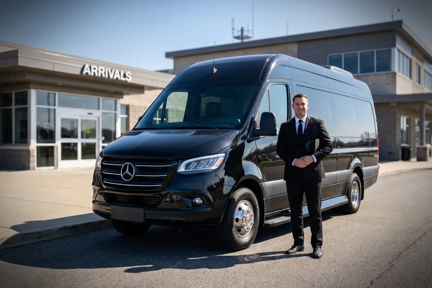 Hartford Brainard (HFD) Airport Sprinter Van Rental Black sedan parked at the Hartford Brainard Airport general aviation terminal entrance