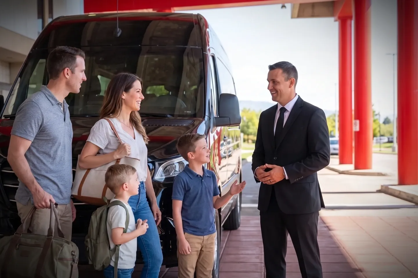 Pittsburgh International (PIT) Airport Sprinter Van Rental Chauffeur greeting passengers beside black sedan at PIT terminal entrance