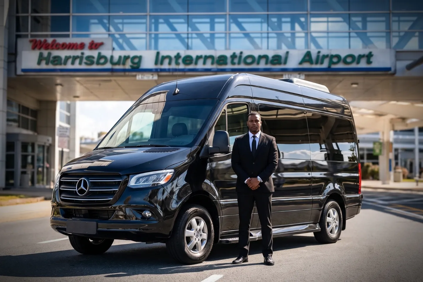 Harrisburg International (MDT) Airport Sprinter Van Rental Black limousine parked at Harrisburg International Airport passenger pickup zone