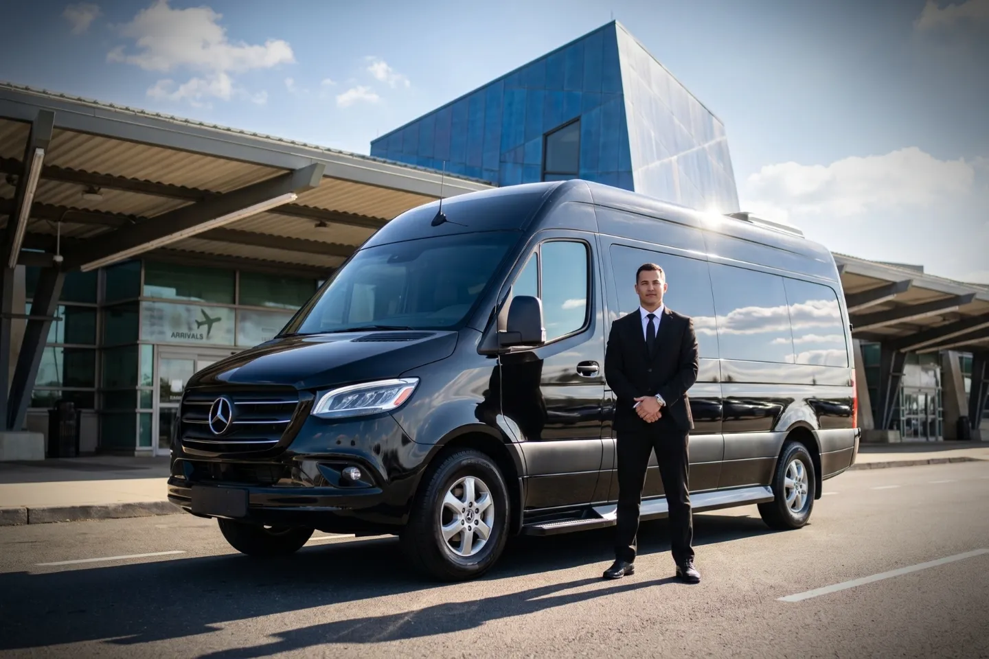 Wilkes-Barre Scranton International (AVP) Airport Sprinter Van Rental Chauffeured black sedan parked at Wilkes-Barre Scranton International Airport arrivals