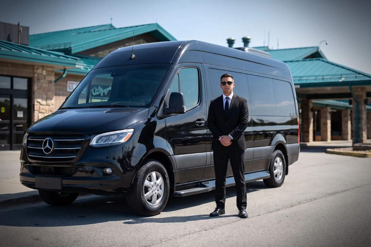 Arnold Palmer Regional (LBE) Airport Sprinter Van Rental Black stretch limousine outside Arnold Palmer Regional Airport terminal entrance