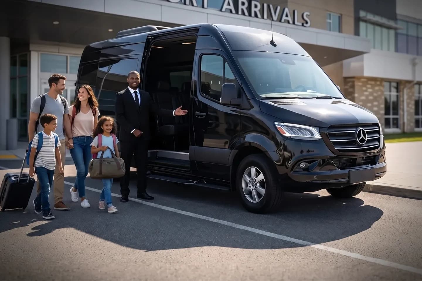 Franklin Regional (FKL) Airport Sprinter Van Rental Black car service vehicle stationed at Franklin Regional Airport arrivals area