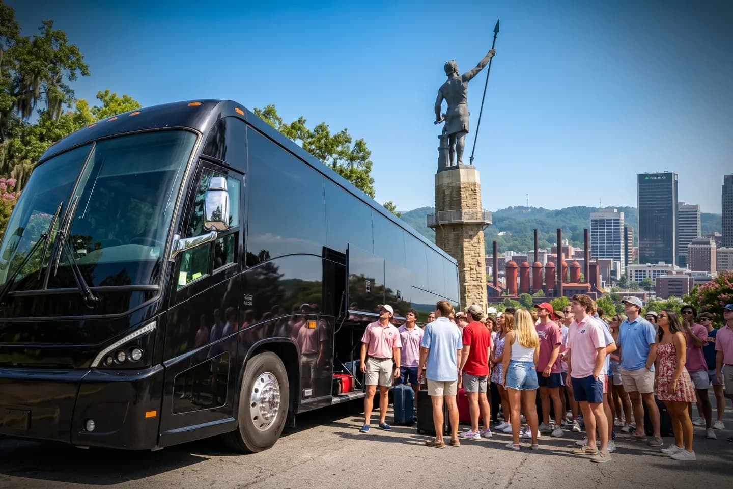 Alabama Charter Bus Service Professional driver welcoming guests aboard a luxury charter bus in Alabama
