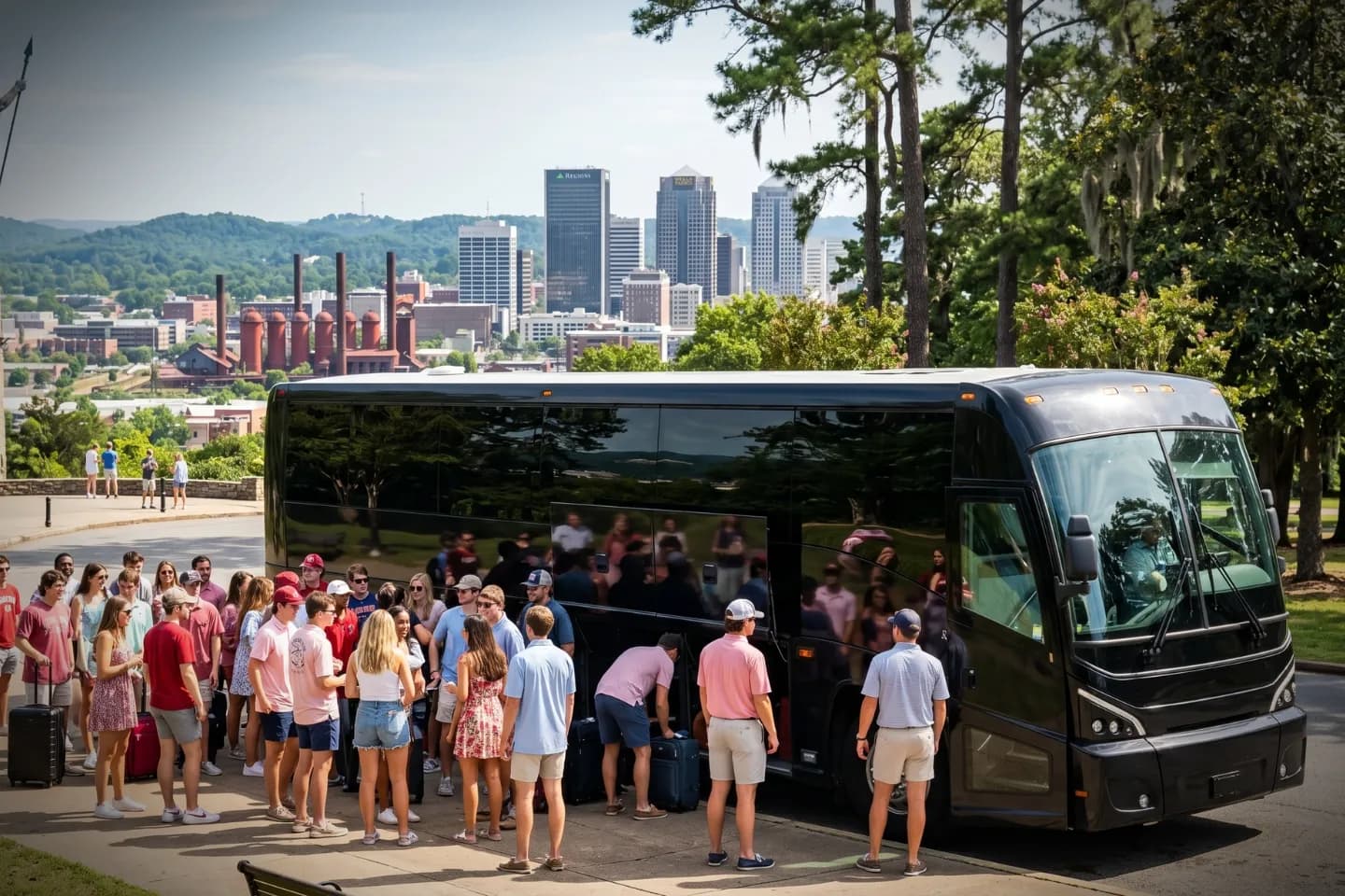 Alabama Charter Bus Service Travelers loading luggage into a modern charter bus for an Alabama group trip