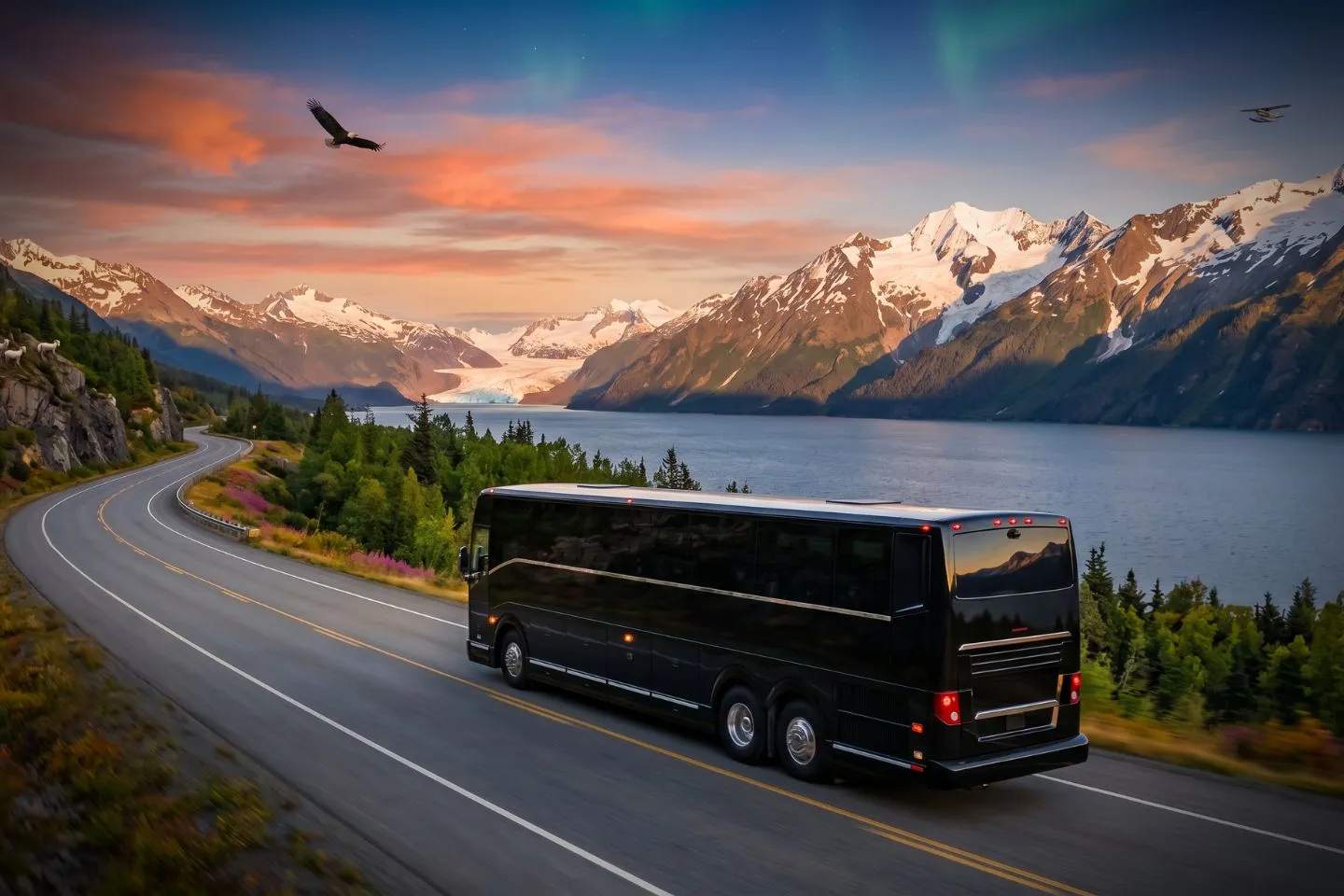 Alaska Charter Bus Service Luxury motorcoach parked near an Anchorage hotel entrance for an Alaska charter bus rental