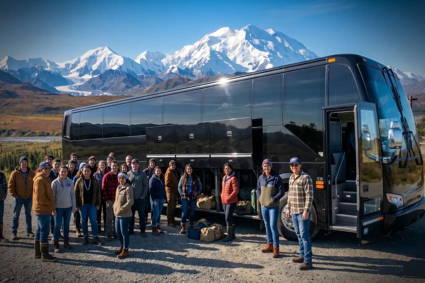 Alaska Charter Bus Service Group passengers boarding a charter bus before an Alaska sightseeing trip