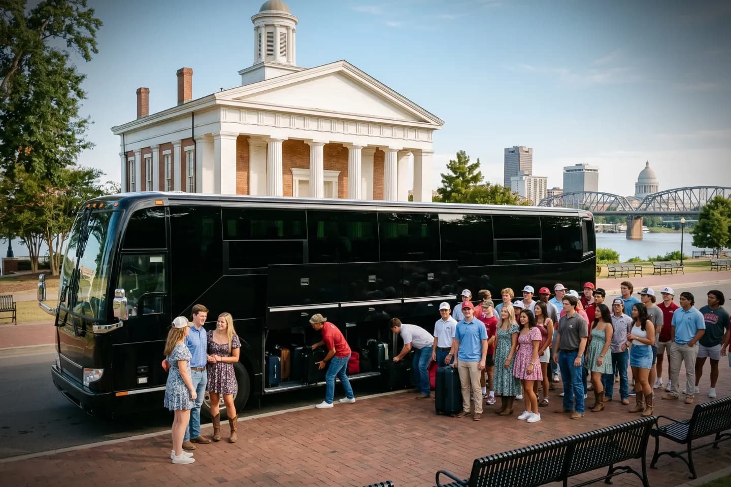 Arkansas Charter Bus Rental Service Travelers loading luggage into a modern charter bus for an Arkansas group trip
