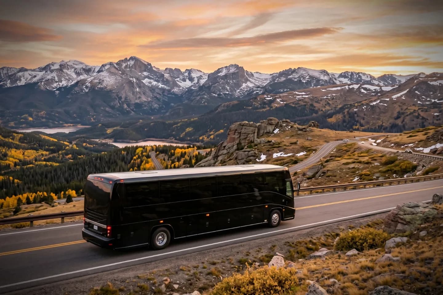 Colorado Charter Bus Rental Service Black charter bus waiting outside a Denver hotel entrance for a Colorado corporate group