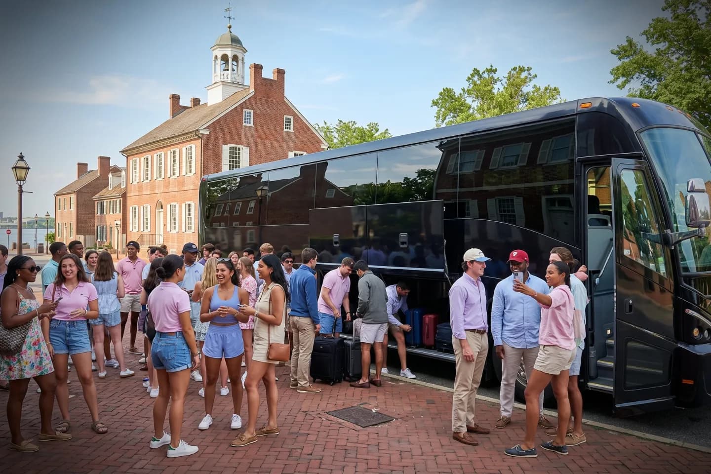 Delaware Charter Bus Rental Service Group passengers boarding a charter bus before a Delaware sightseeing trip