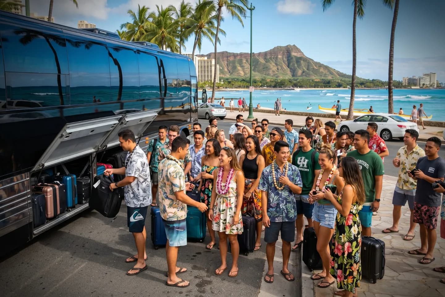 Hawaii Charter Bus Rental Service Group passengers boarding a charter bus before a Hawaii sightseeing trip