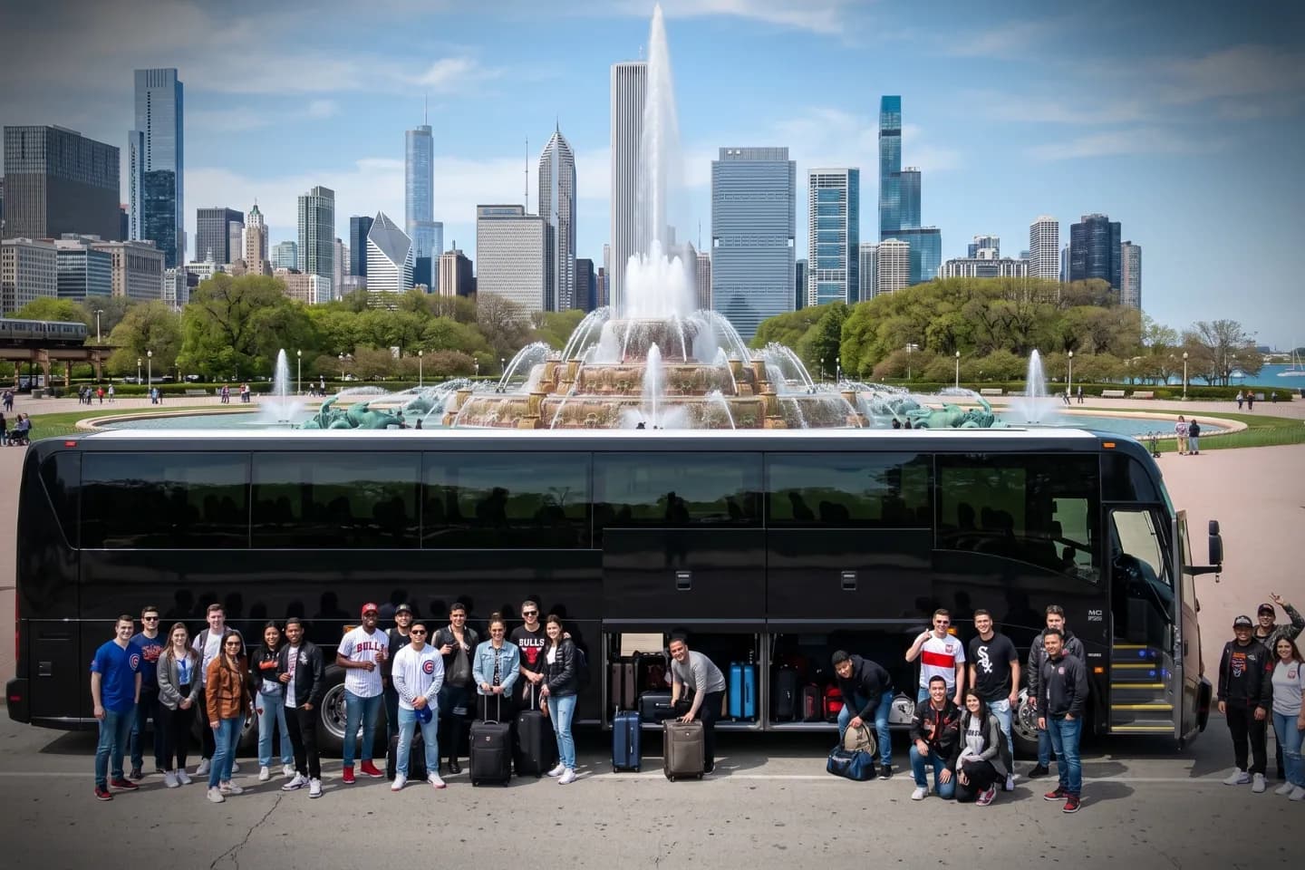 Illinois Charter Bus Rental Service Motorcoach traveling along an expressway near the Chicago skyline on an Illinois charter route