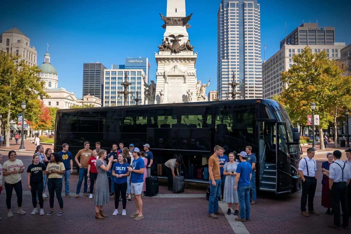 Indiana Charter Bus Rental Service Group passengers boarding a charter bus before an Indiana sightseeing trip