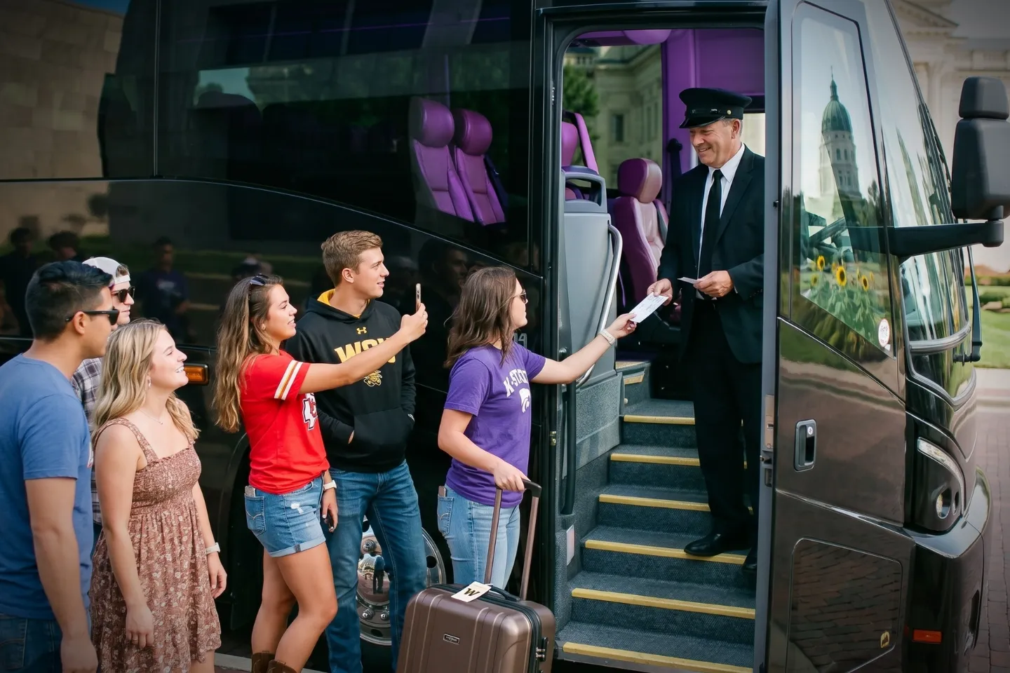 Kansas Charter Bus Rental Service Spacious charter bus interior with reclining seats ready for Kansas passengers