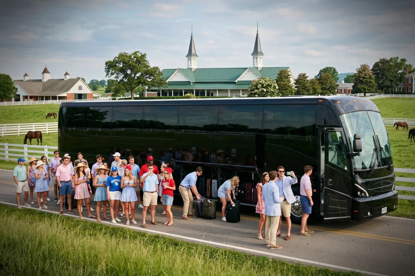 Kentucky Charter Bus Rental Service Group passengers boarding a charter bus before a Kentucky sightseeing trip