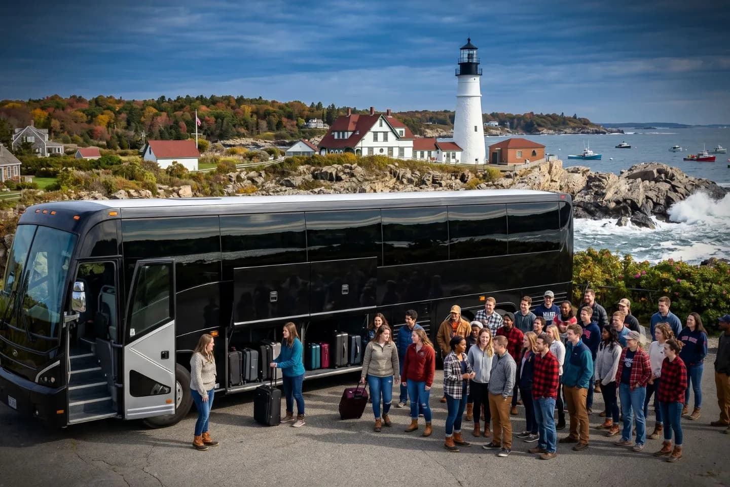 Maine Charter Bus Rental Service Professional driver welcoming guests aboard a luxury charter bus in Maine