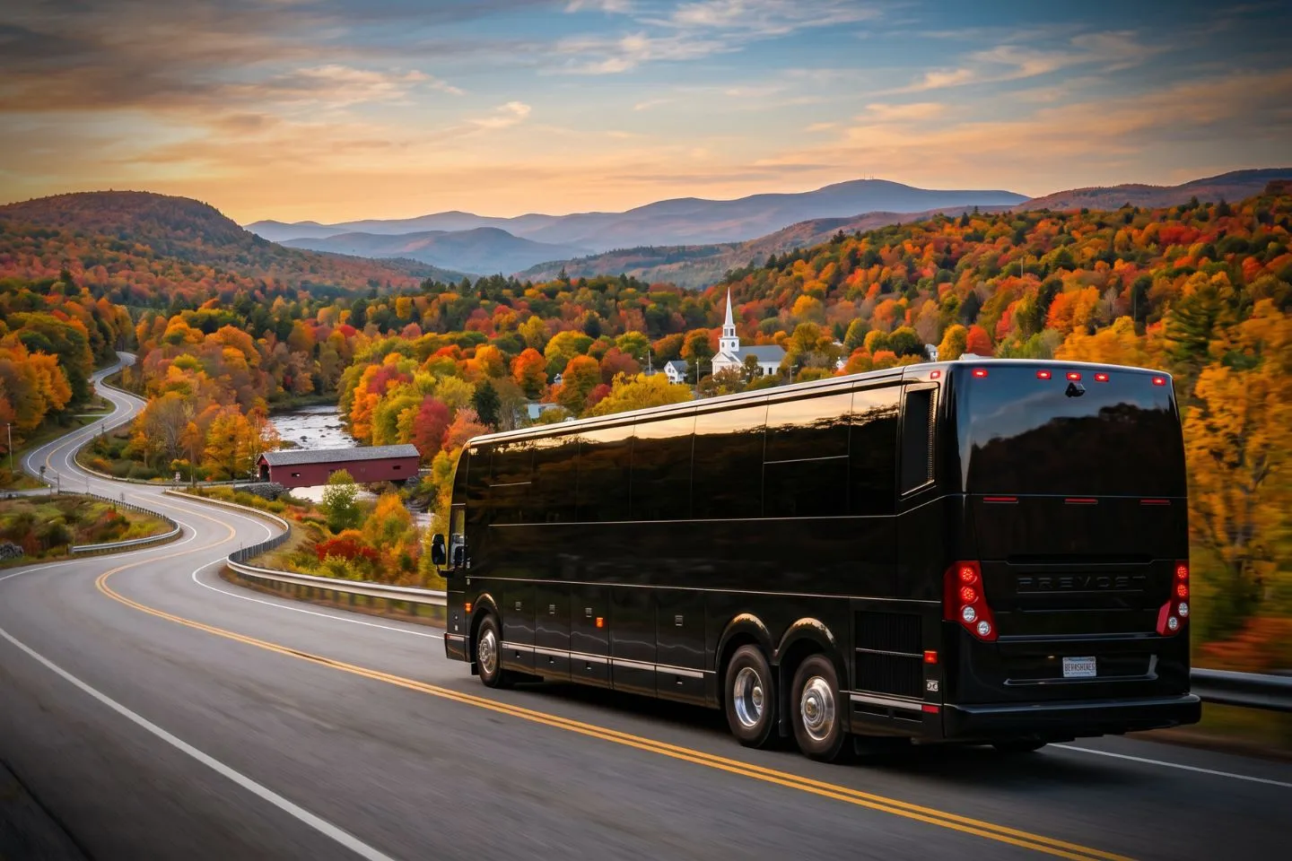 Massachusetts Charter Bus Rental Service Black charter bus waiting outside a Boston hotel for a Massachusetts corporate group