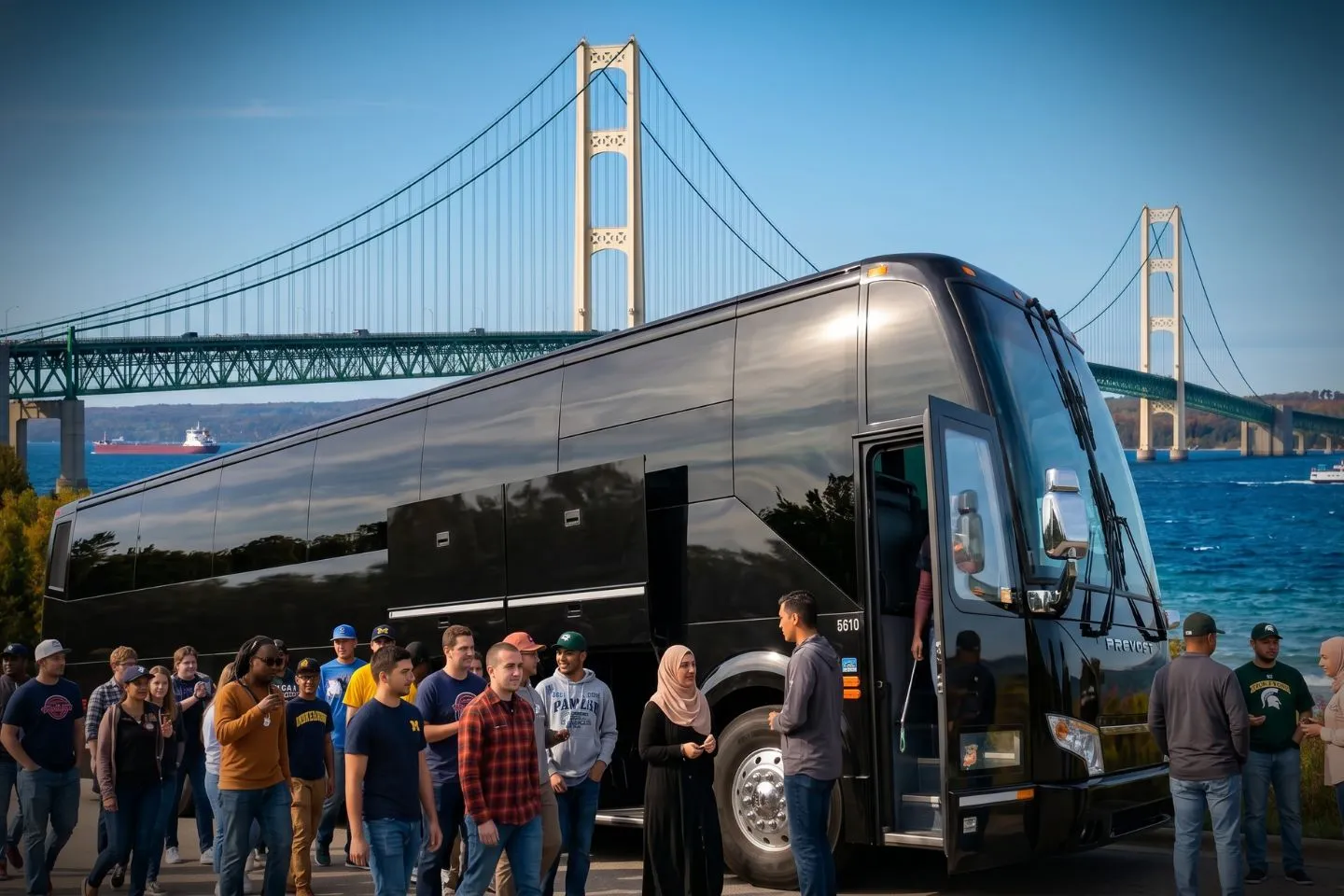 Michigan Charter Bus Rental Service Travelers loading luggage into a modern charter bus for a Michigan group trip
